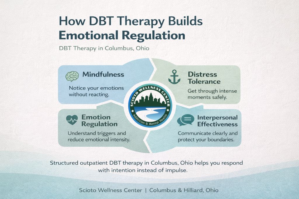 DBT therapy infographic showing mindfulness, distress tolerance, emotion regulation, and interpersonal effectiveness in Columbus Ohio