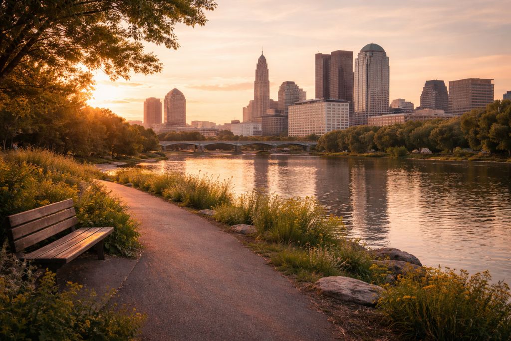 Sunset over Columbus Ohio skyline symbolizing emotional stability and recovery