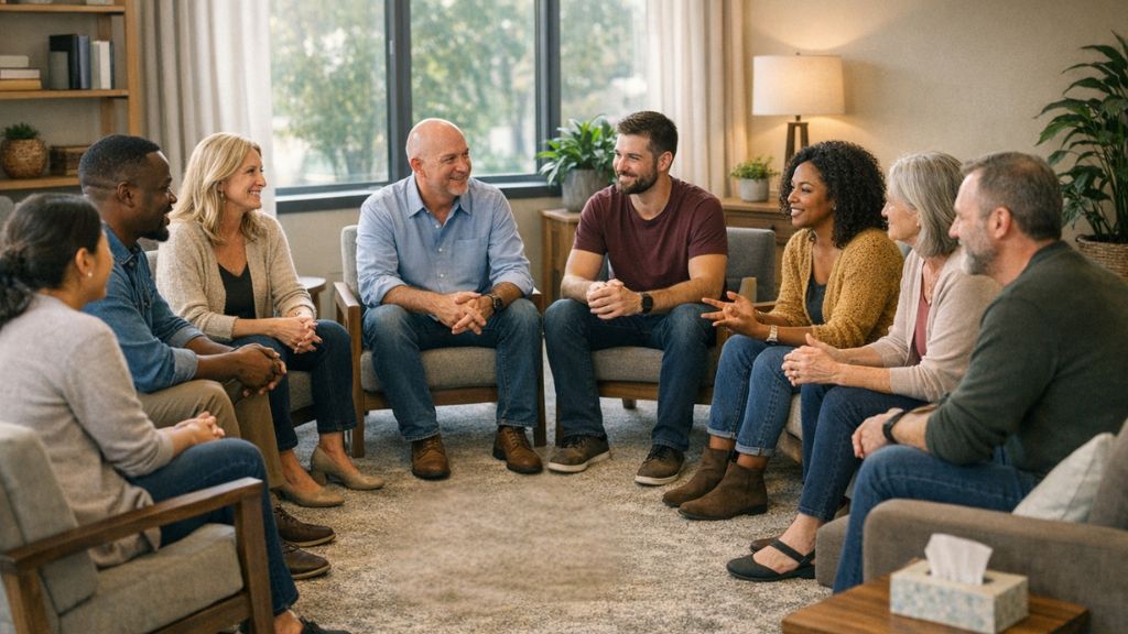 Diverse group therapy circle at Scioto Wellness Center in Columbus, Ohio, showing supportive community healing environment