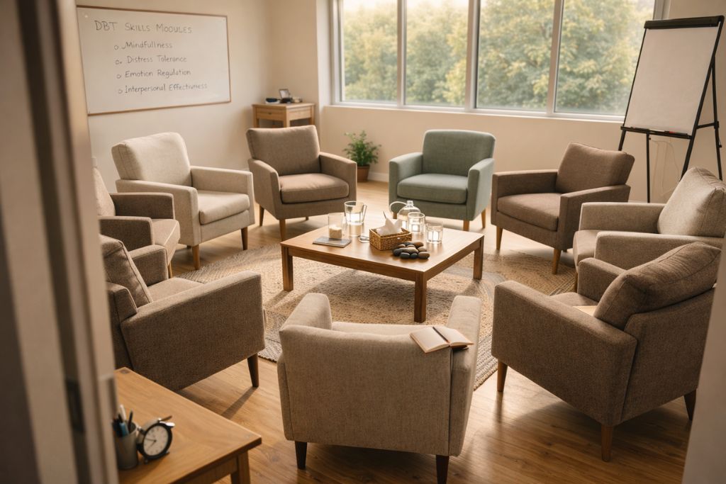 Group therapy circle arrangement showing interpersonal effectiveness practice space for personality disorder treatment in intensive outpatient program Hilliard, Ohio