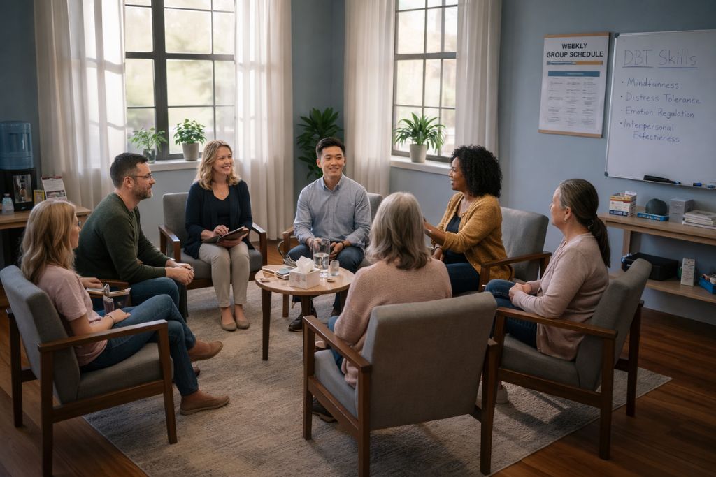 Supportive group therapy session for schizophrenia treatment at Scioto Wellness Center outpatient program in Hilliard, Ohio