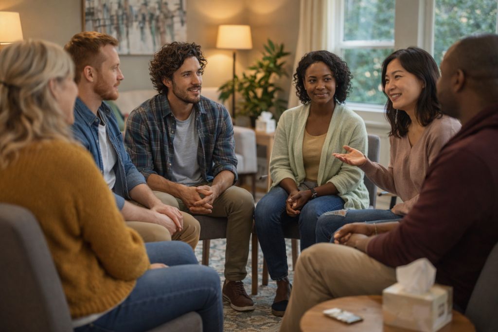 Supportive group therapy session for mood disorder treatment at Scioto Wellness Center, Columbus, Ohio