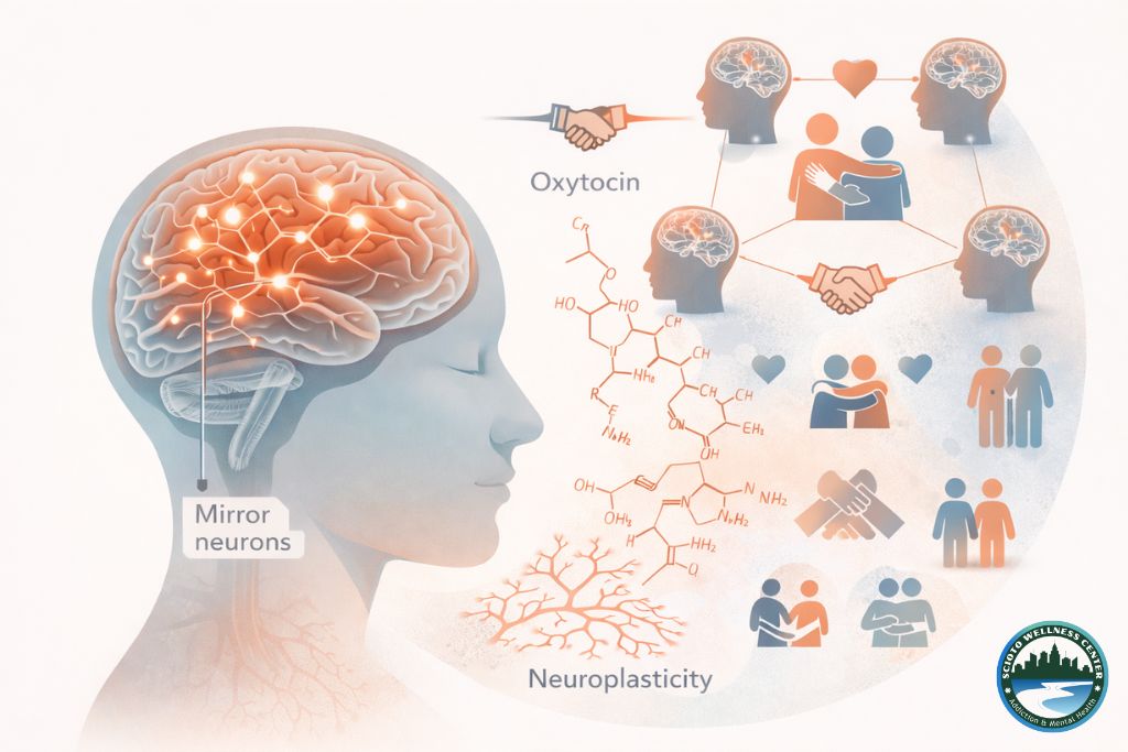 Scientific illustration showing brain neuroscience of group therapy, including mirror neurons, oxytocin, and social connection in Columbus, Ohio, treatment