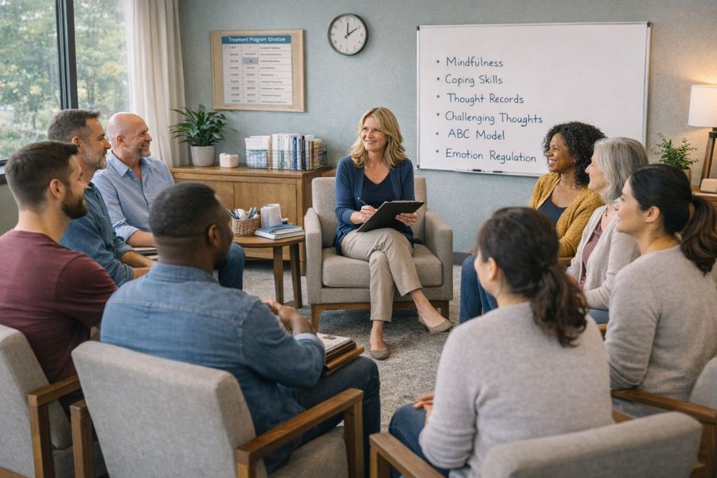 Partial hospitalization program group therapy at Scioto Wellness Center, Hilliard, Ohio, showing structured mental health treatment