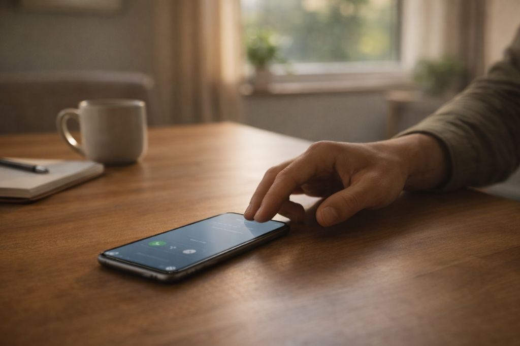 Hand reaching toward smartphone on kitchen table, preparing to call addiction treatment center in Columbus, Ohio.