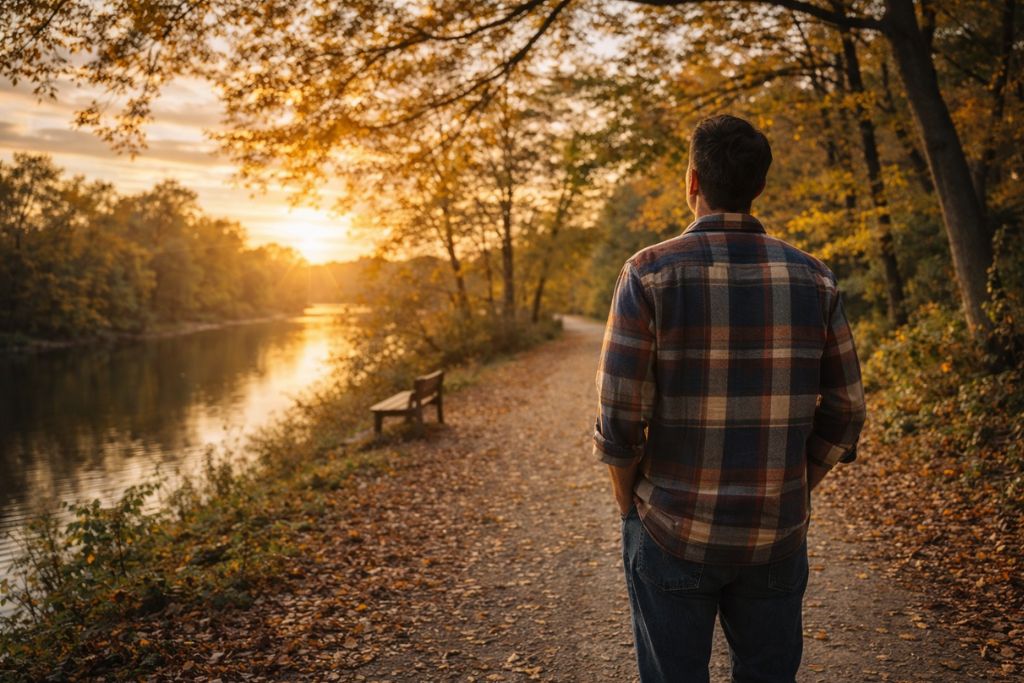 Person experiencing hope and stability in long-term schizophrenia recovery near Scioto River, Columbus, Ohio
