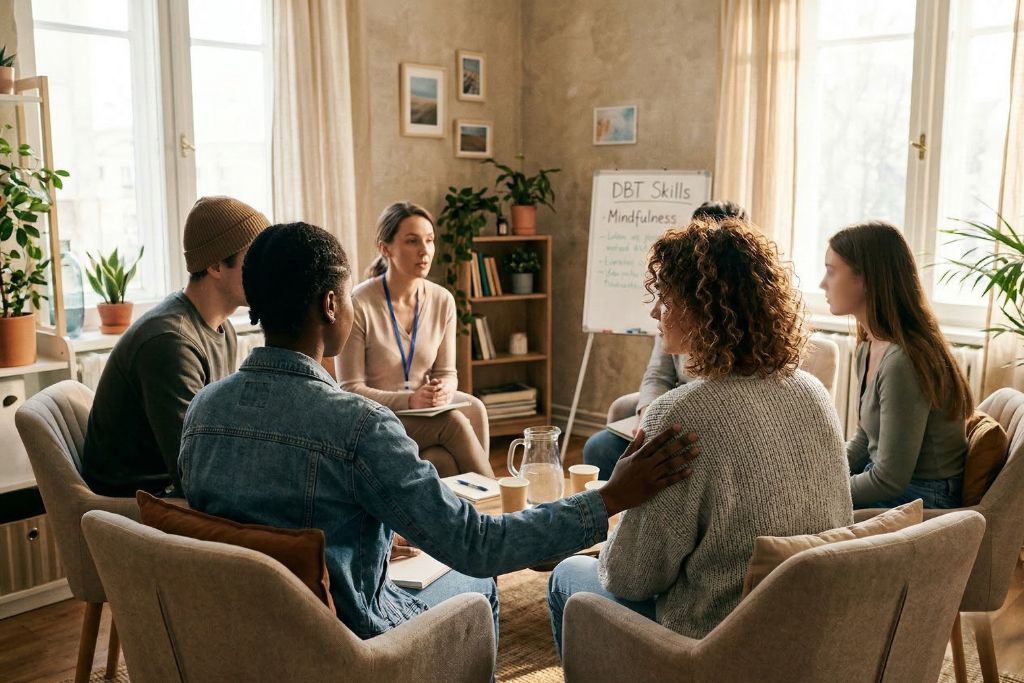 Small DBT group therapy session for self-harm treatment at Scioto Wellness Center intensive outpatient program in Hilliard, Ohio