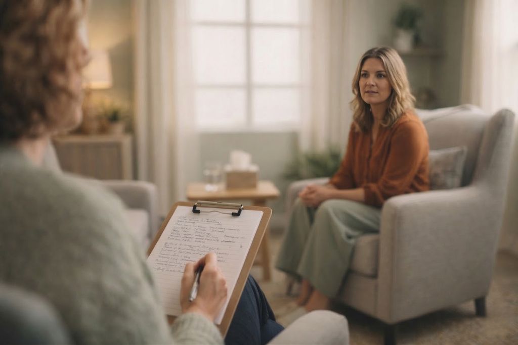 Licensed therapist providing one-on-one counseling session at Scioto Wellness Center in Hilliard, Ohio