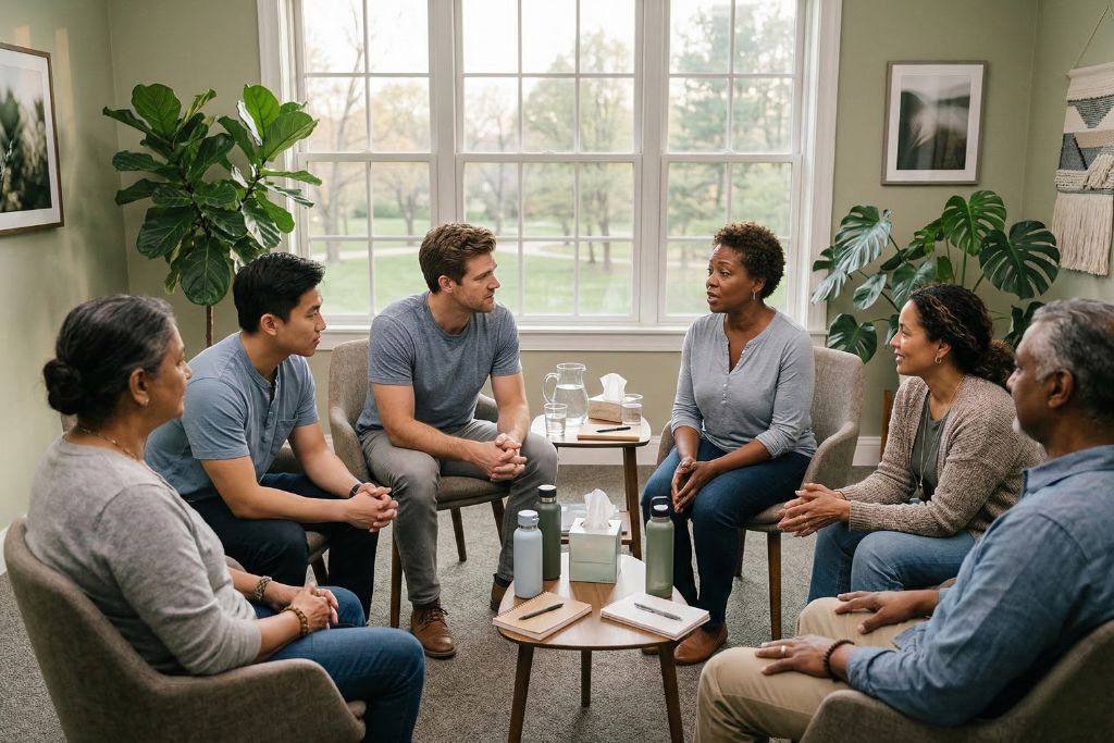 Group therapy session for schizoaffective disorder at Scioto Wellness Center partial hospitalization program in Hilliard, Ohio, with peer support