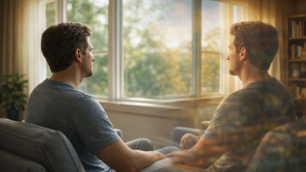 Person calmly looking out a sunlit window with a reflective dual image symbolizing schizoaffective disorder.
