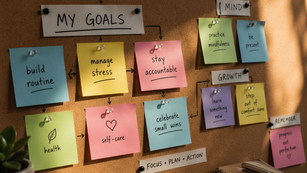 Personal goal planning board with color-coded notes representing structured growth in therapy