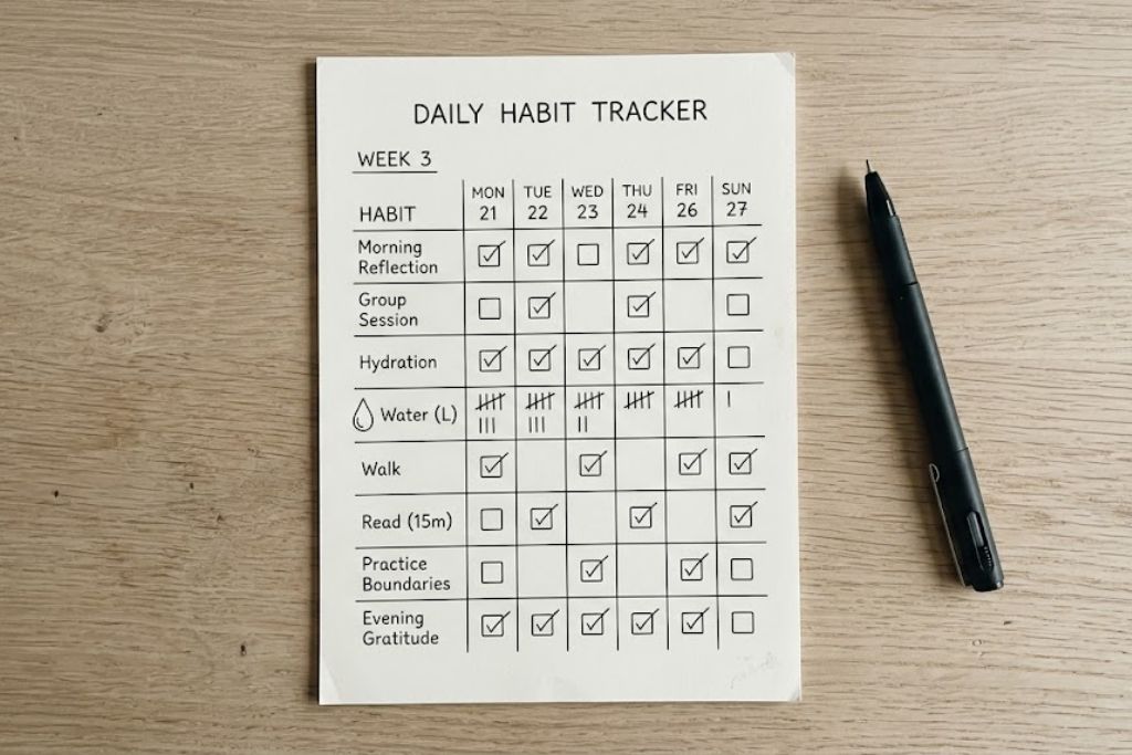 Simple daily habit tracker with checkmarks showing gradual progress in recovery