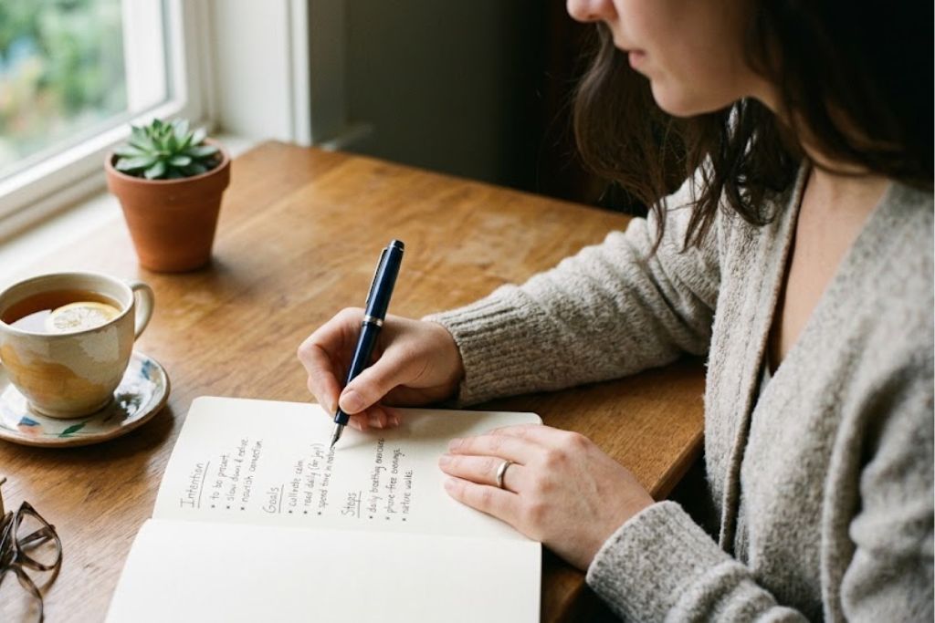 Person writing personal goals in a journal as part of therapy or self-reflection