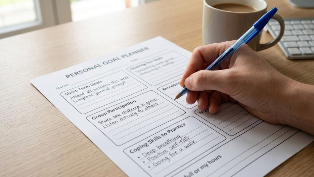 Person completing a structured goal-setting worksheet related to group therapy progress