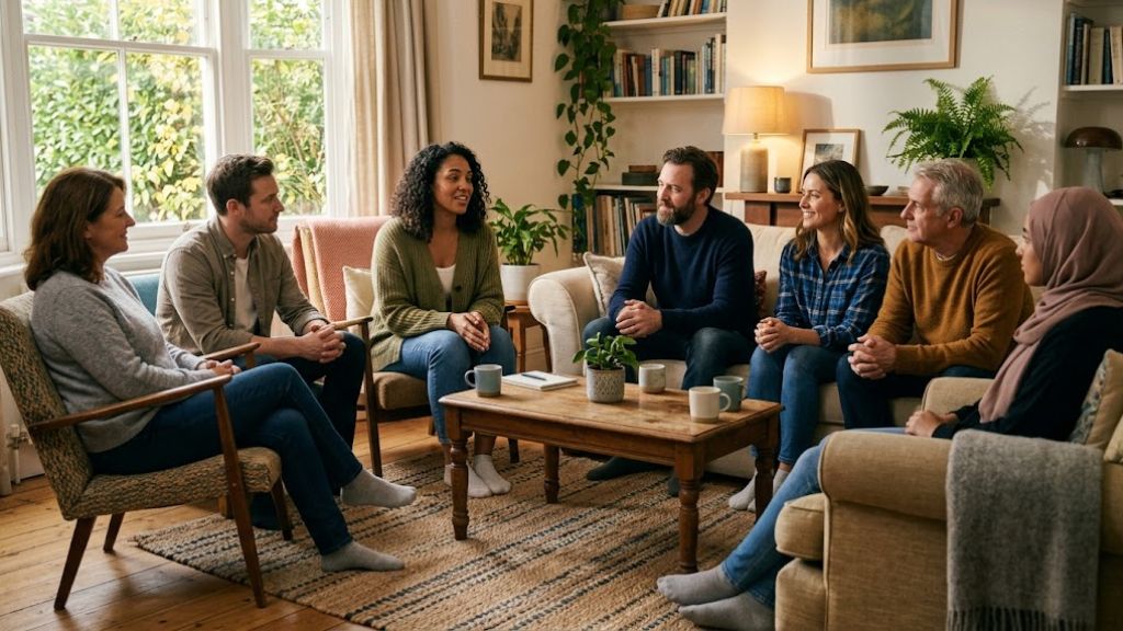 People in a group therapy session sharing a meaningful moment of connection and support