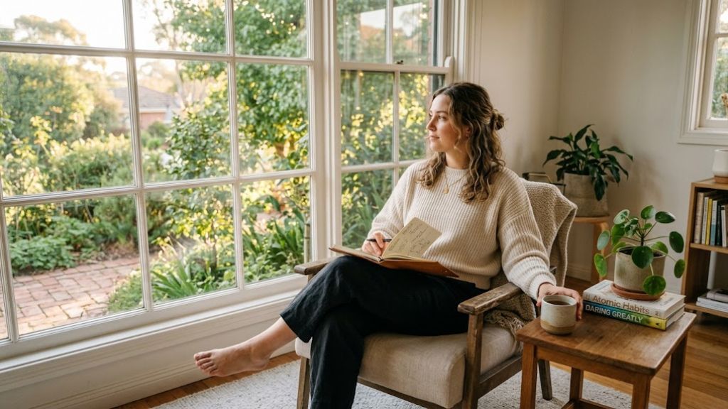 Person reflecting on personal goals in a calm daily setting