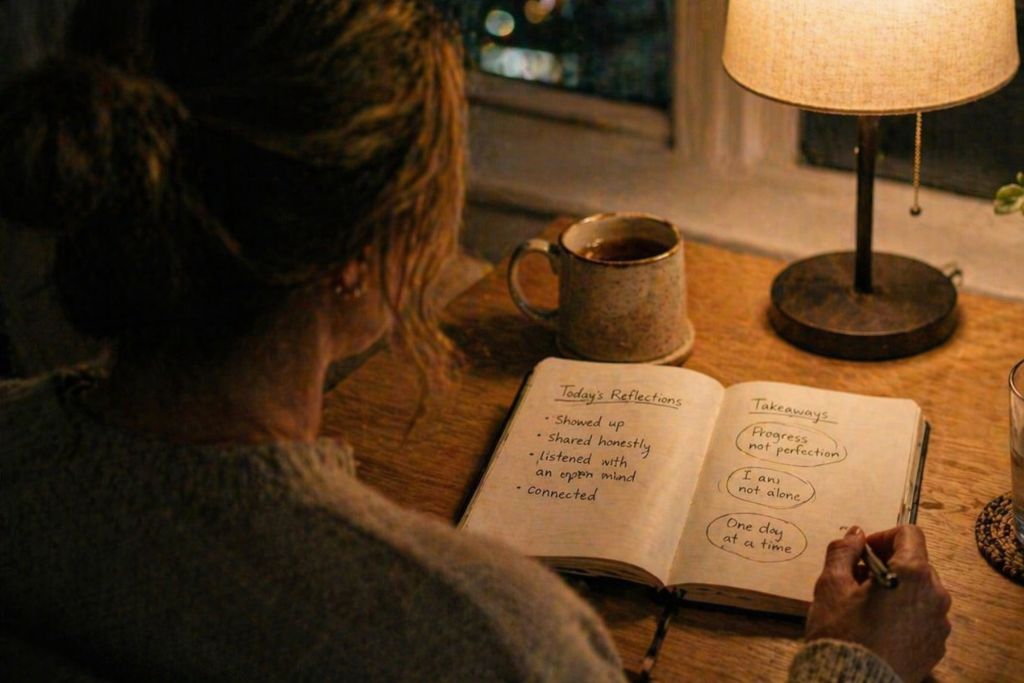 Person reviewing personal notes after group therapy in a calm home setting