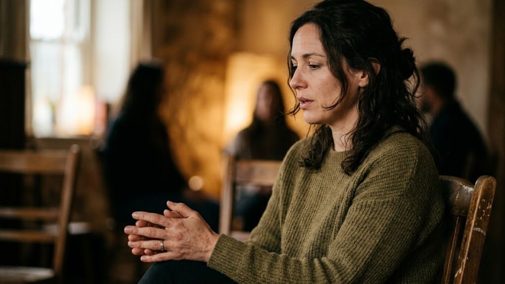 Person gathering courage before sharing in a supportive group setting