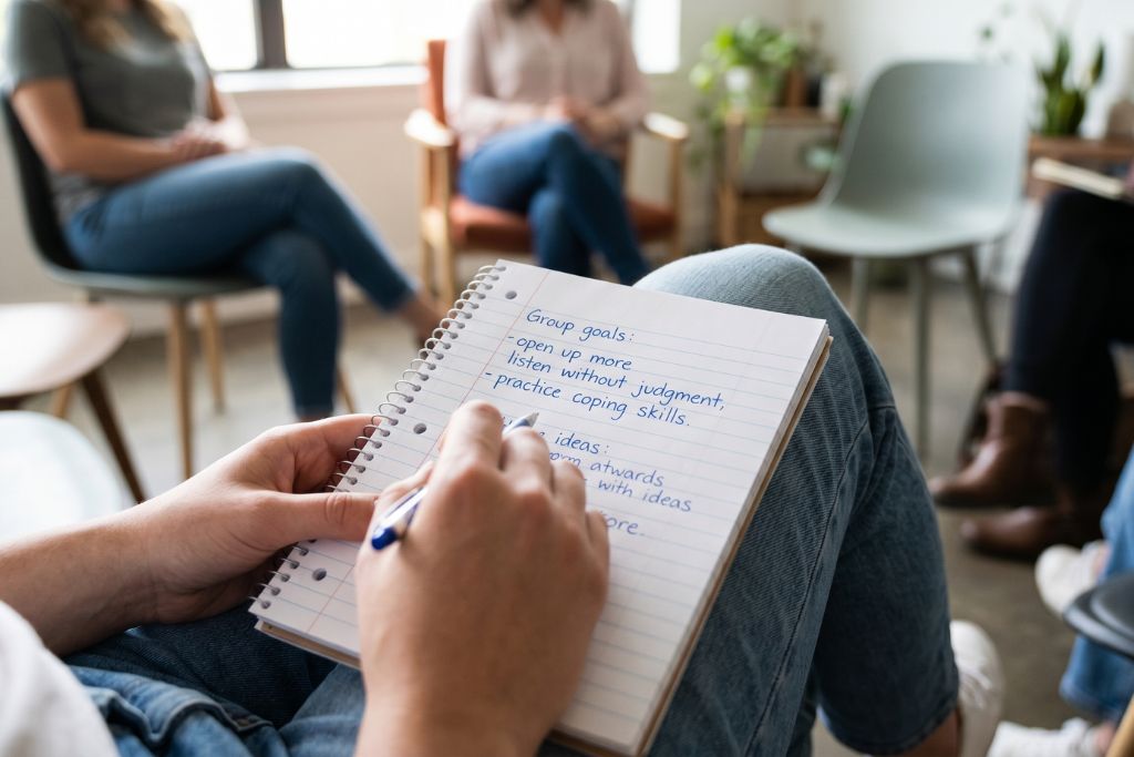Notebook with personal therapy goals open during a small group discussion setting