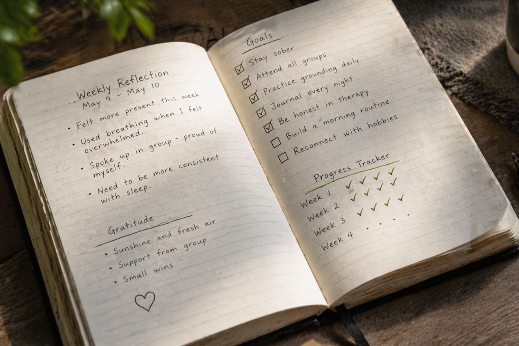 Open notebook with progress notes and checkmarks showing steady personal development
