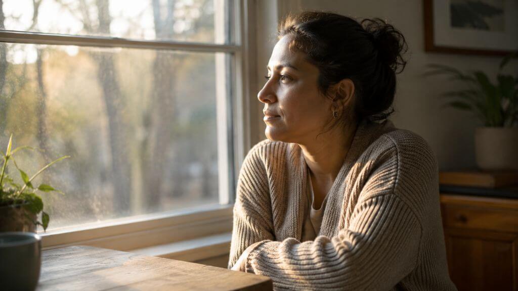 Person sitting near a window in quiet reflection, representing the experience of living with both bipolar disorder and a substance use disorder