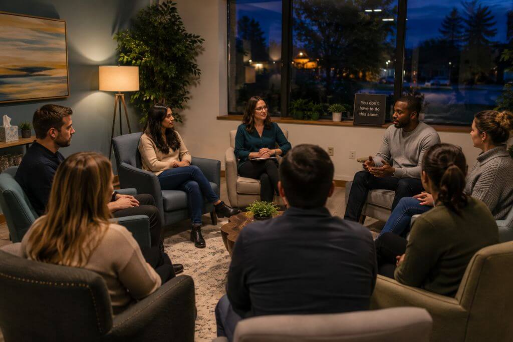  Evening IOP group therapy session at Scioto Wellness Center in Columbus with professionals in supportive circle discussion