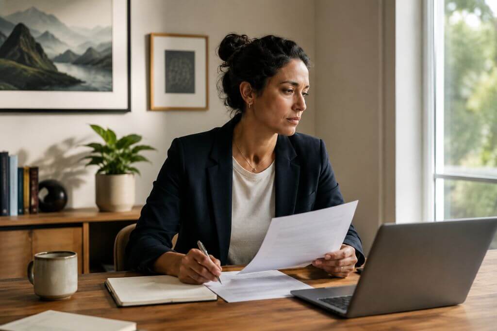 Person reviewing paperwork at a desk in a calm, organized home office, natural light, focused and composed expression