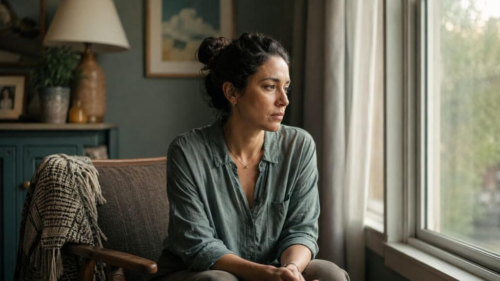 Person sitting near a window in quiet thought, soft natural light, calm and reflective mood