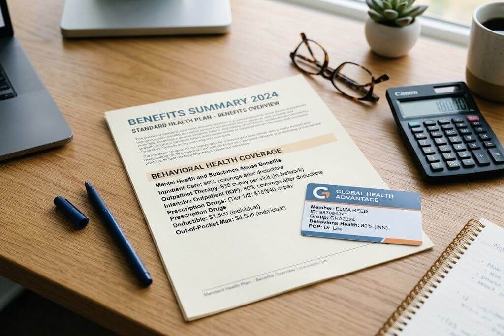 Insurance card with benefits summary document showing mental health and substance abuse coverage
