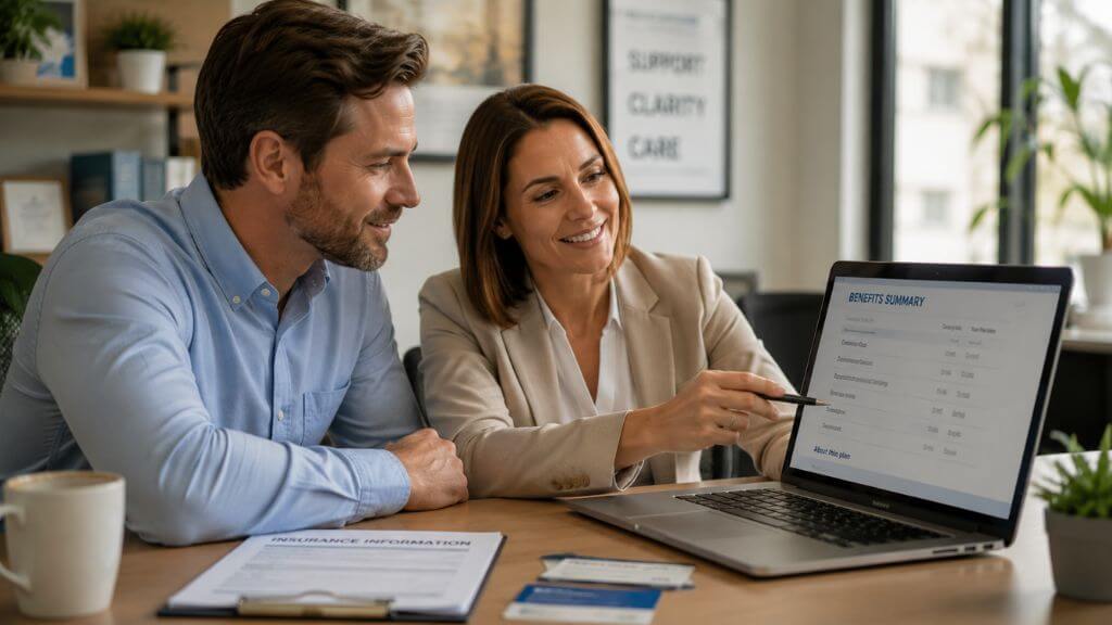 Working professional reviewing insurance benefits with counselor to understand addiction treatment coverage
