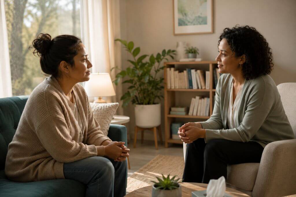A therapist and person in a calm one-on-one therapy session, representing integrated dual diagnosis treatment for bipolar disorder and addiction