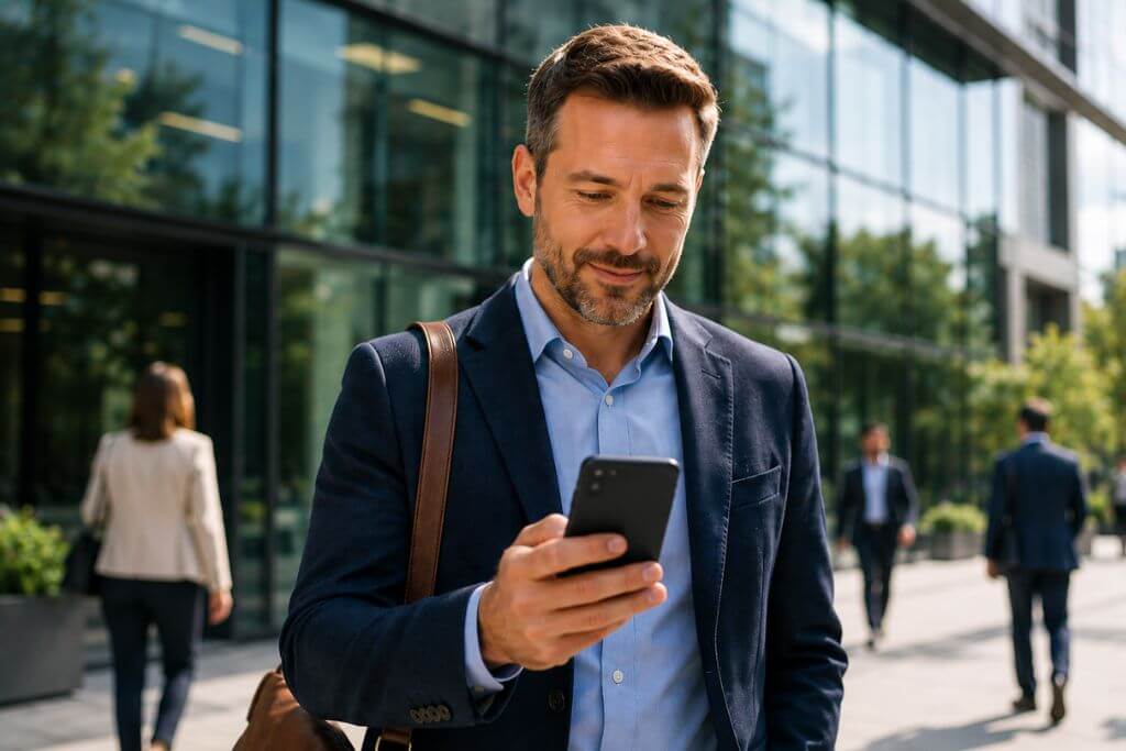 Professional man checking MAT medication reminder on smartphone outside office building