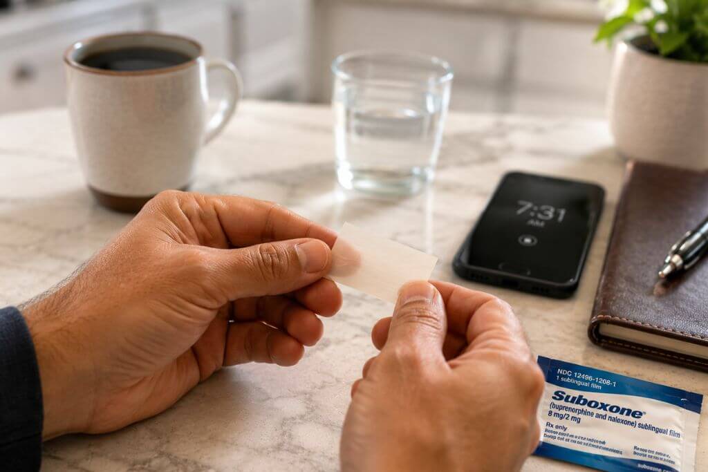 Person taking daily Suboxone medication at home as part of morning routine