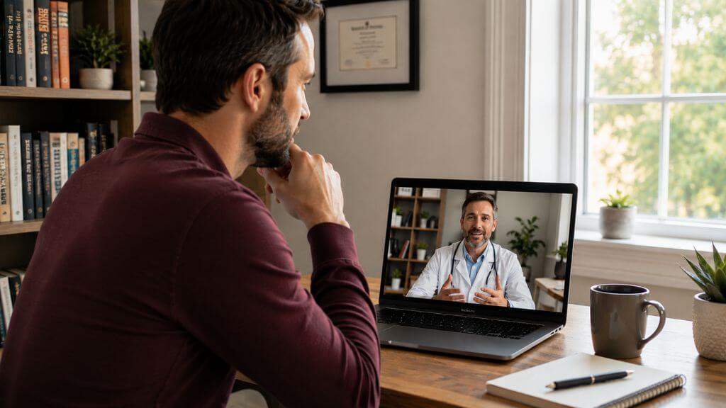 Working professional in home office consulting with doctor about medication-assisted treatment via video call