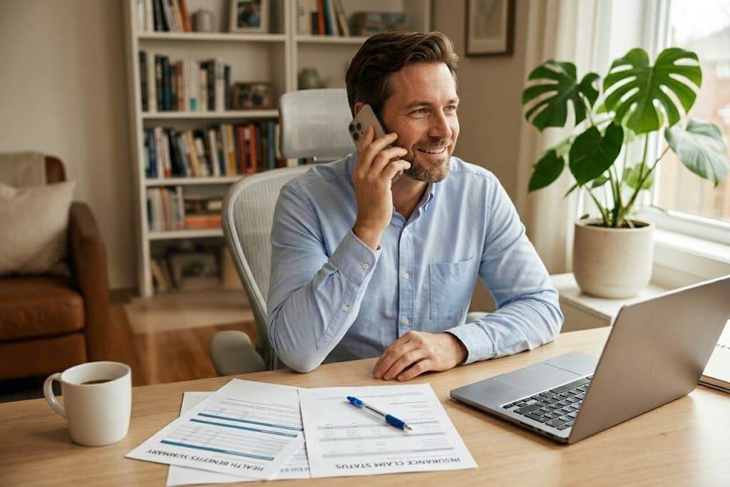Working professional completing insurance verification call for addiction treatment coverage 