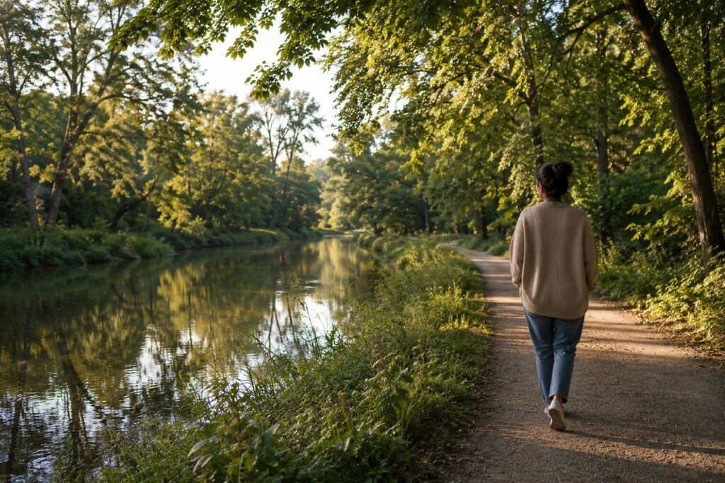 A person walking a quiet tree-lined path near water, representing the journey of recovery from co-occurring bipolar disorder and addiction in Columbus, Ohio