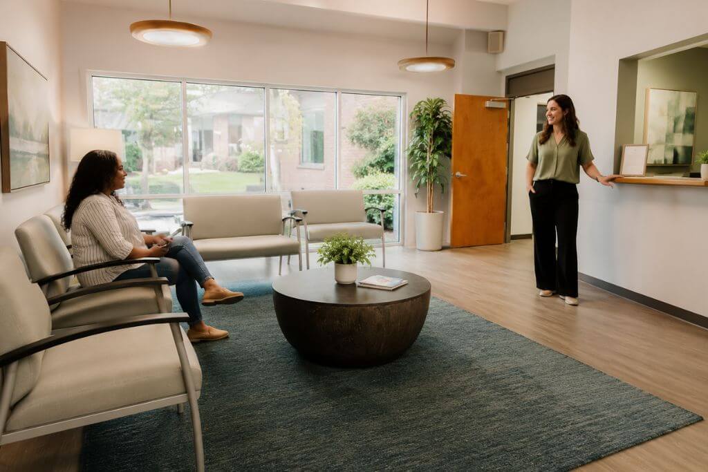  A warm, welcoming outpatient clinic waiting area with natural light and comfortable seating — representing a daily detox check-in visit