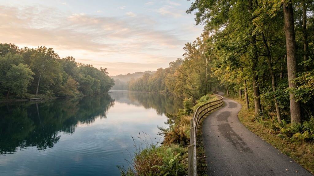A calm morning view of a tree-lined path near water in Columbus, Ohio — representing a grounded first step toward recovery