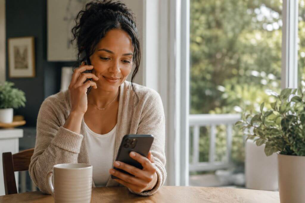 A person making a phone call outdoors in natural light, looking calm and hopeful — representing the first step of reaching out for addiction support in Columbus