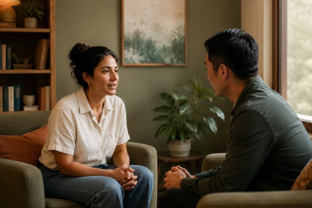 Two people in a calm, warmly lit therapy or consultation room, one listening attentively to the other, natural light, welcoming environment