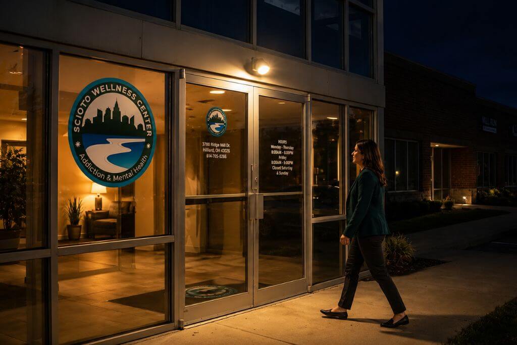Scioto Wellness Center exterior in Hilliard, Ohio, during evening hours showing welcoming facility near Scioto River
