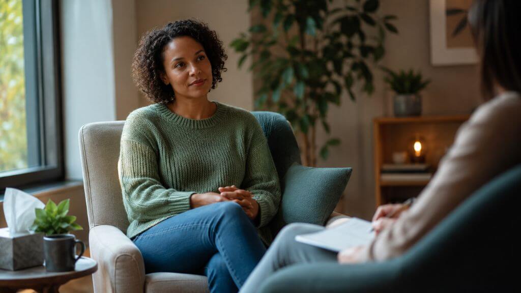 A person sitting in a calm, warmly lit therapy room in Columbus, Ohio, looking toward a window with soft natural light — representing the beginning of trauma therapy