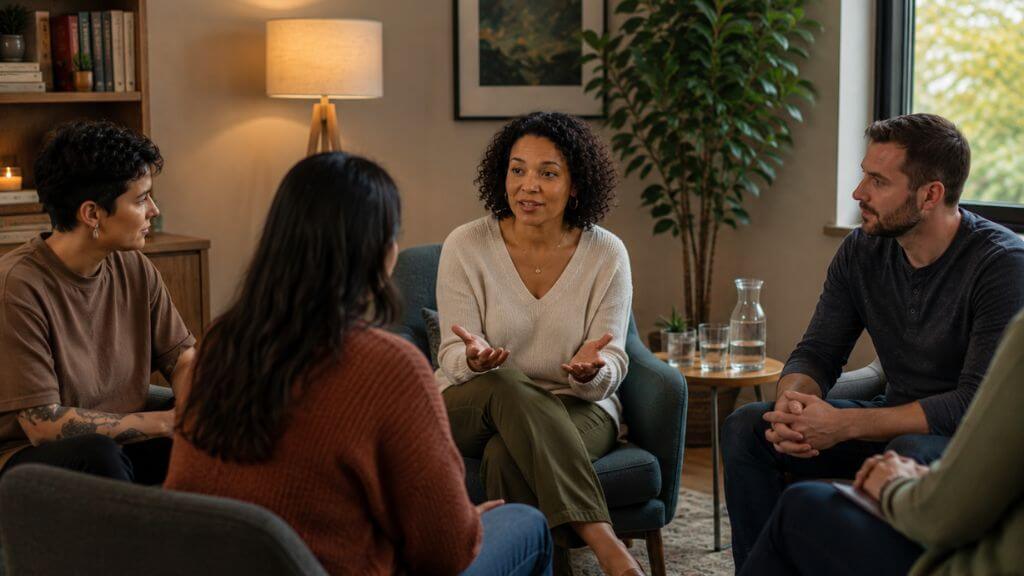 A small group therapy session in a warm, comfortable outpatient setting near Columbus, Ohio — showing people healing from trauma in a supportive, non-clinical environment