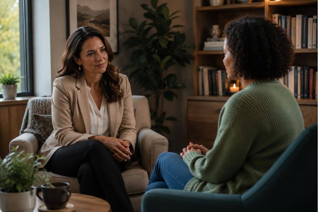 A trauma therapist and patient in a one-on-one outpatient therapy session in Columbus, Ohio — illustrating evidence-based approaches like EMDR and CBT for trauma treatment