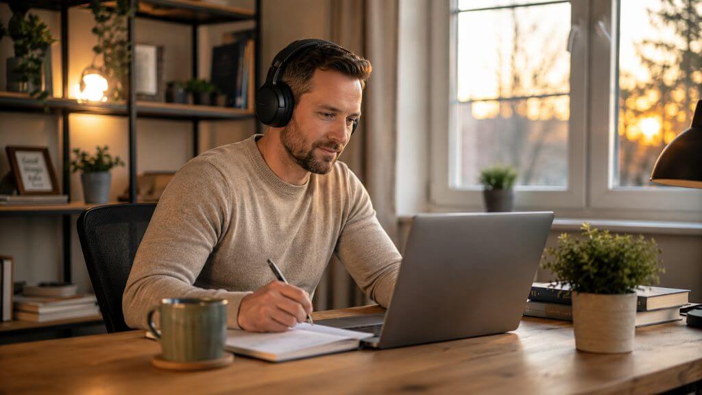 Professional attending virtual IOP therapy session from home office in Columbus Ohio using a laptop.