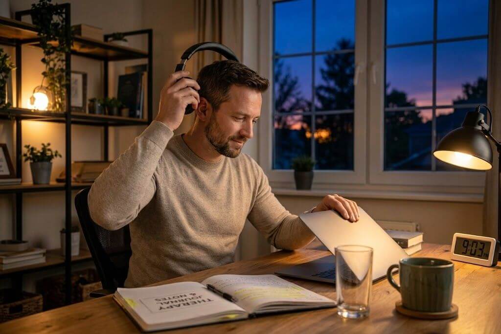 Person finishing virtual IOP session feeling hopeful and accomplished in recovery journey at home in Columbus, Ohio