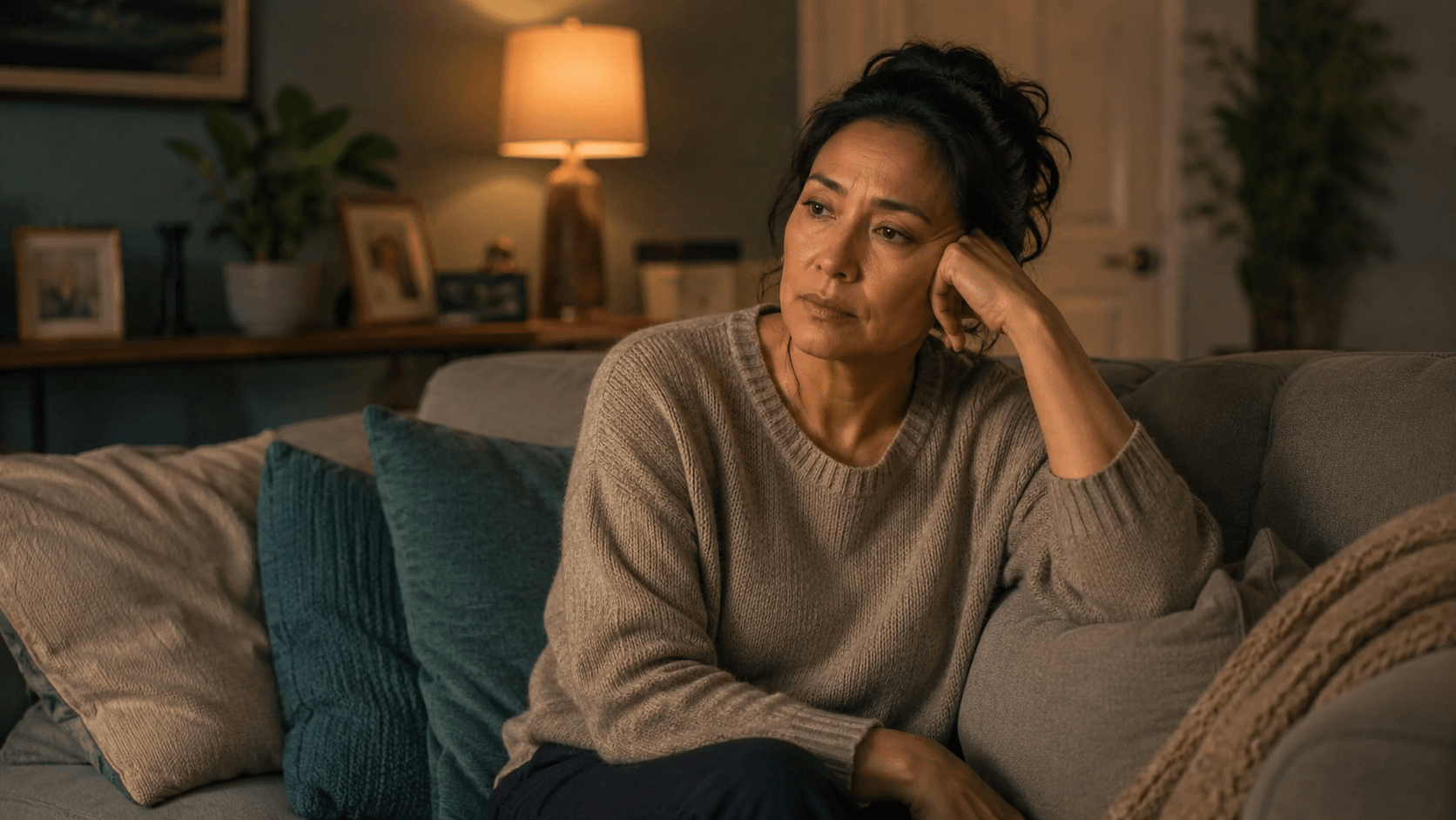 Adult sitting quietly at home reflecting on depression and drinking