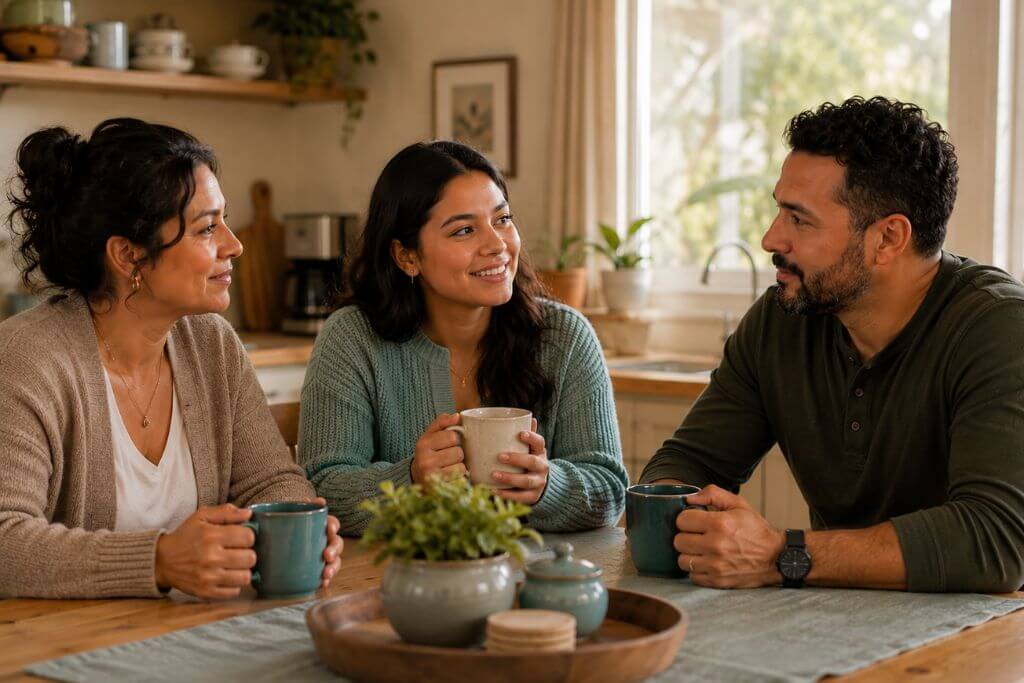 Family having an honest conversation about boundaries during a loved one's recovery