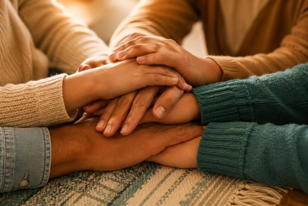 Family members holding hands symbolizing support through addiction and mental health recovery