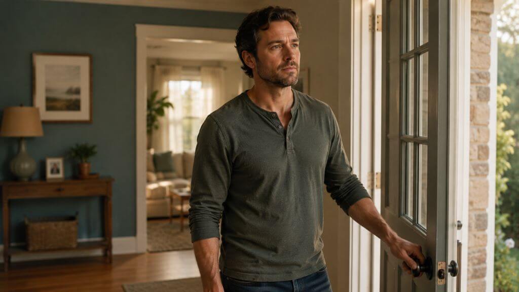 Person pausing at a front door, representing common OCD checking behaviors